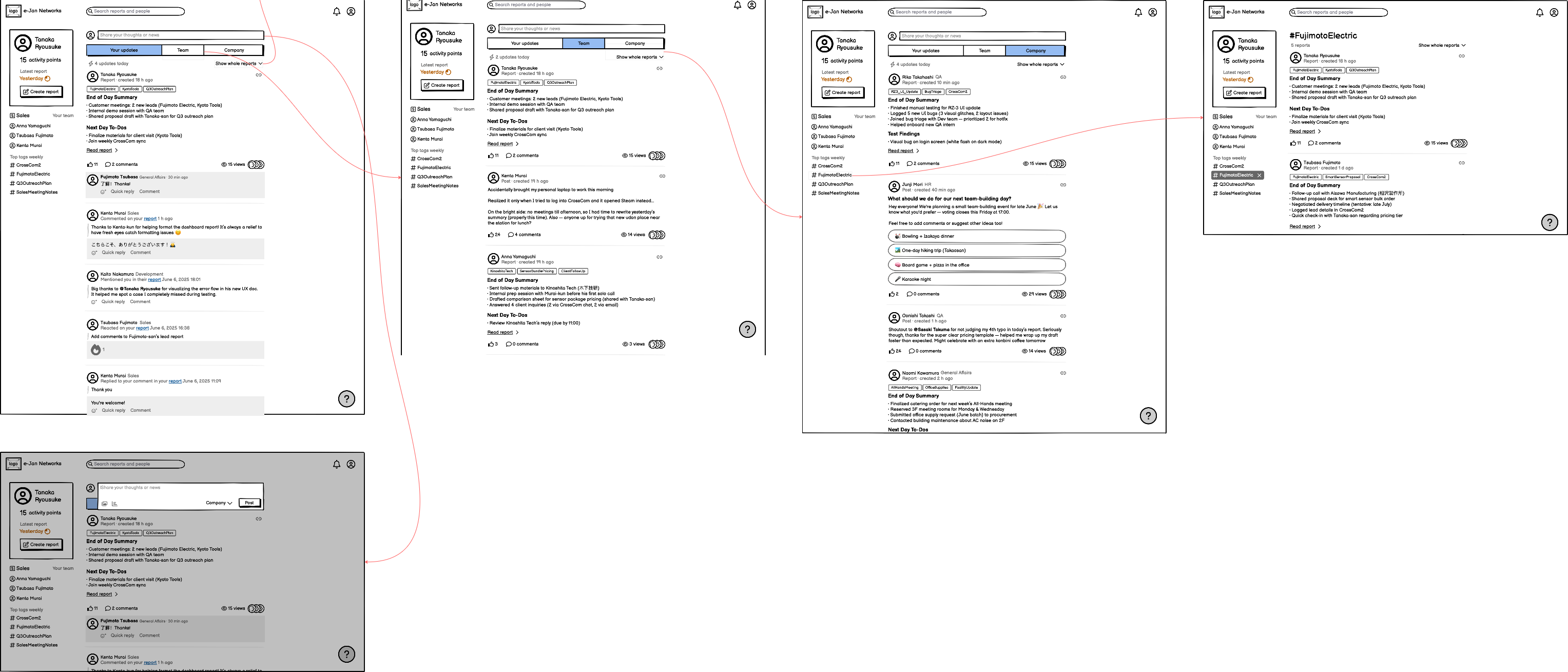 Early CrossCom feed wireframes