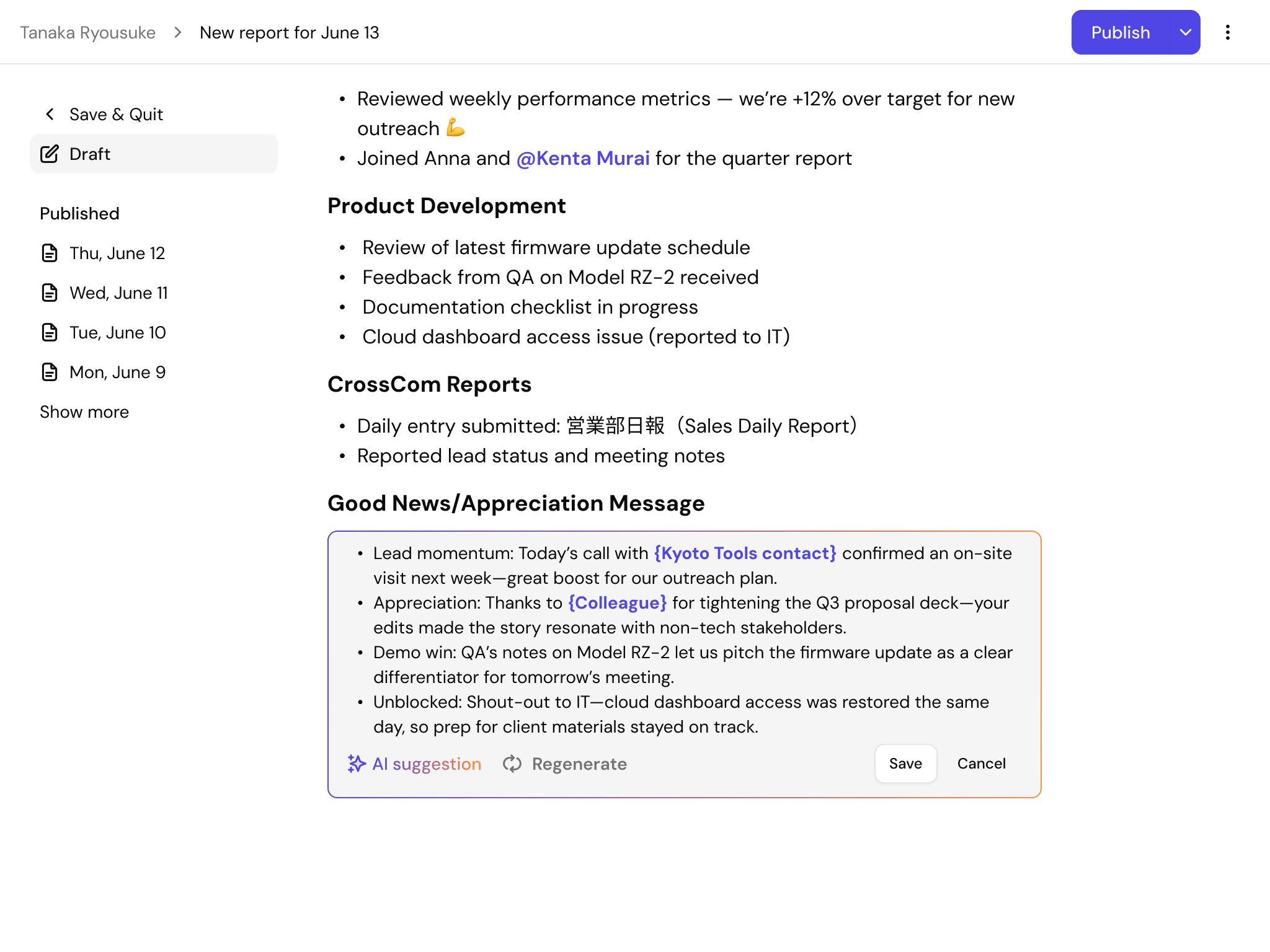 AI suggestion inside the report editor