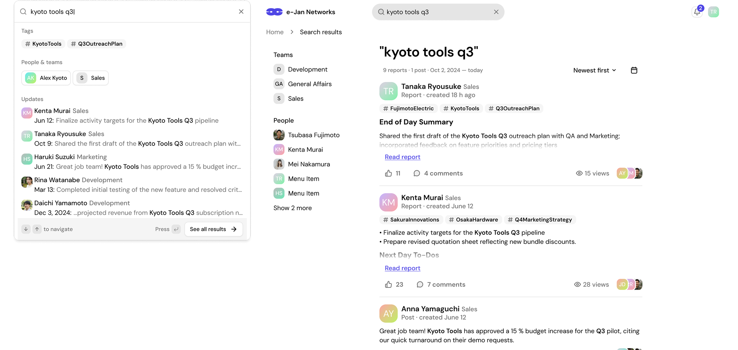 CrossCom search results combining reports, people, teams, and tags
