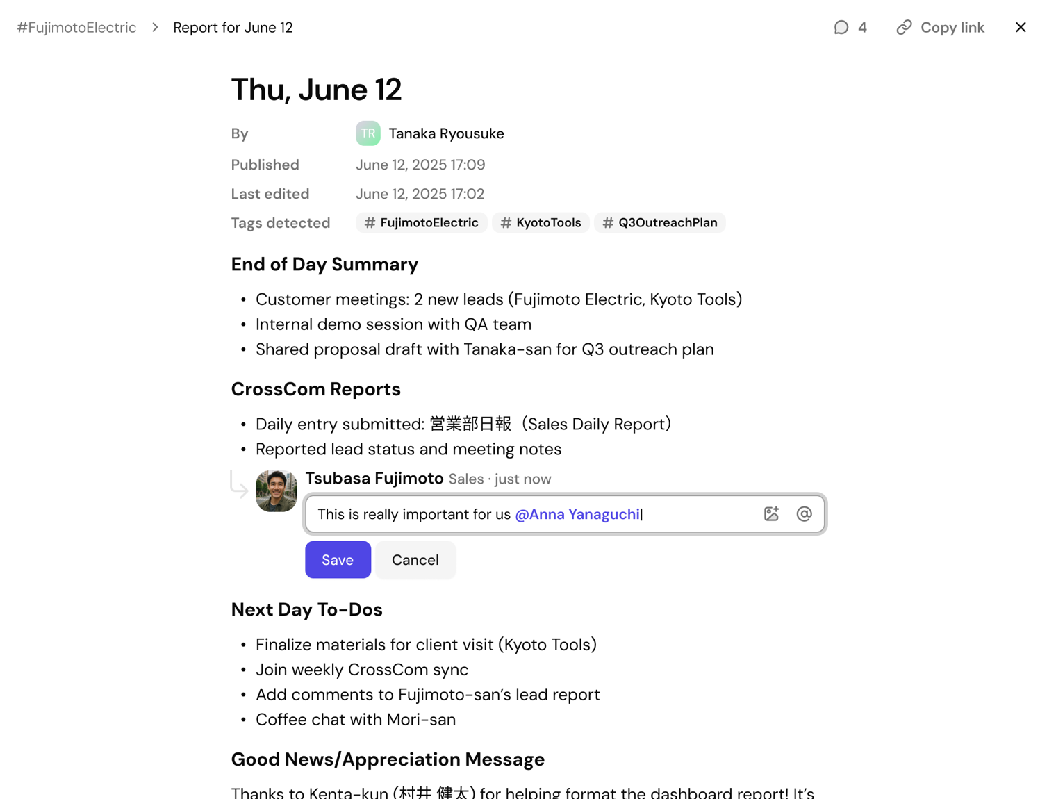 Inline comment in a CrossCom report