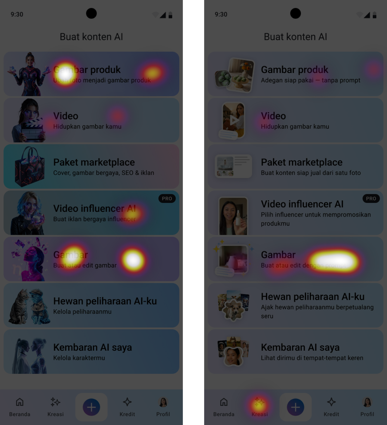 First-click heatmaps comparing where participants tapped in the original and updated Create menus