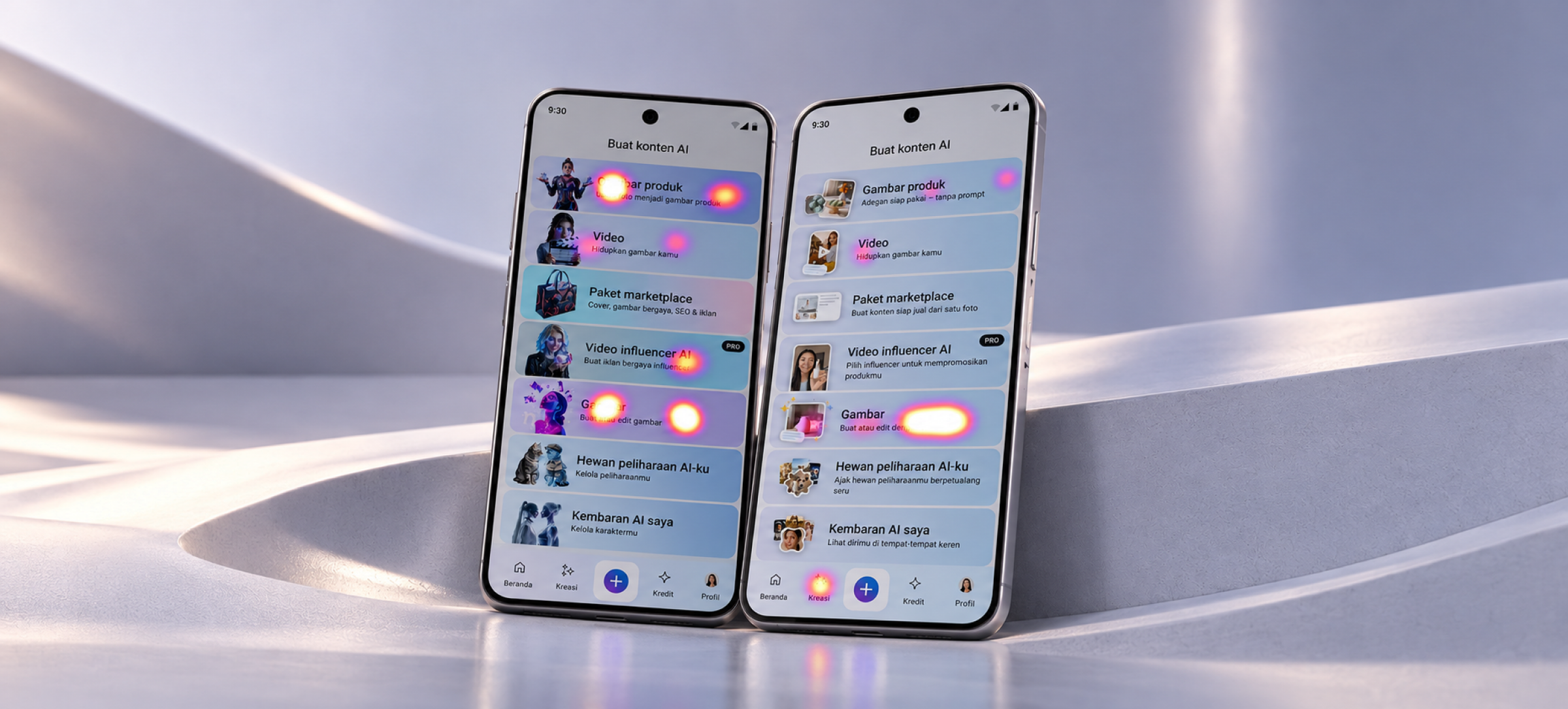 Original and updated Lakku Create menus with first-click heatmaps displayed on two phones