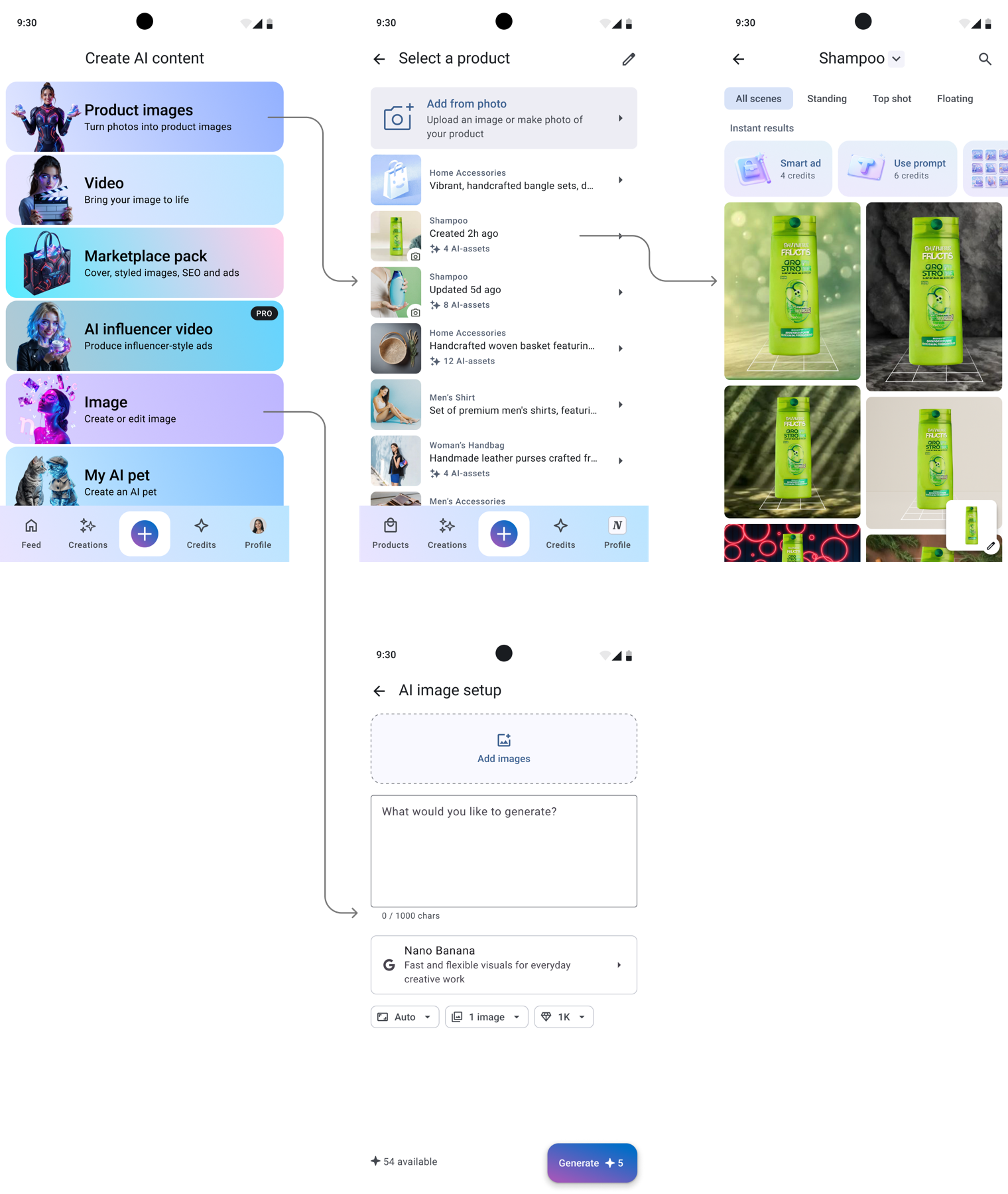 Two image creation routes: ready-made product scenes and prompt-based image generation