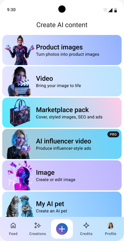 Original Create menu with illustrations of fantasy AI characters