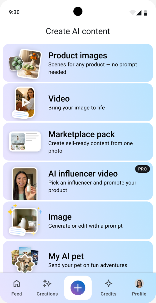 Updated Create menu with examples of the content each AI tool creates
